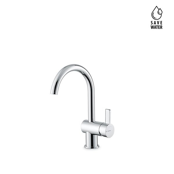 Single lever basin mixer without pop-up waste set.