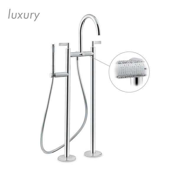 Bathgroup with floor pillar unions, automatic diverter, LL.a50 cm flexible and hand shower.