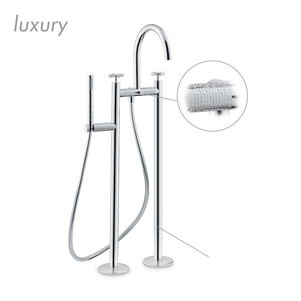Bathgroup with floor pillar unions, automatic diverter, LL. 150 cm flexible and hand shower.