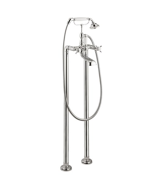 Bathgroup with floor pillar unions automatic diverter, 150 cm flexible, hand shower.