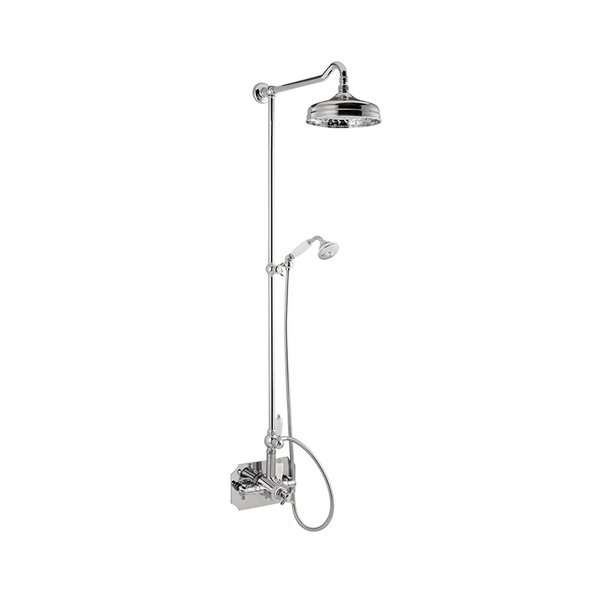 Shower pillar with exposed coaxial thermostatic mixer complete of diverter, brass head shower and brass single-jet hand shower set. 