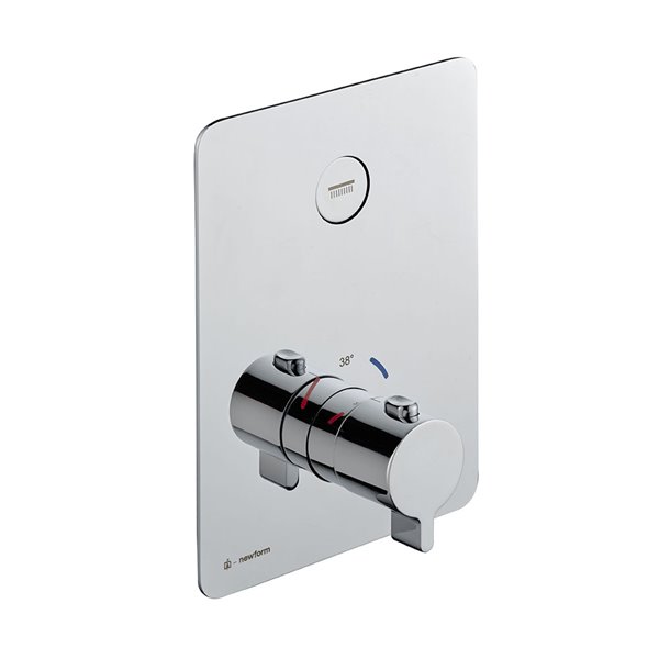 Miscelatore termostatico ad incasso ad una uscita, con comando per la regolazione della temperatura e pulsante ON/OFF.